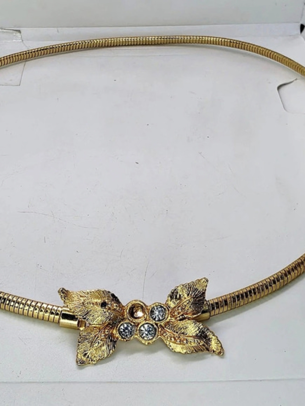 Vintage Thin Snake Chain Mesh Belt Crystal Floral Leaf Buckle Gold Tone 23"-28"